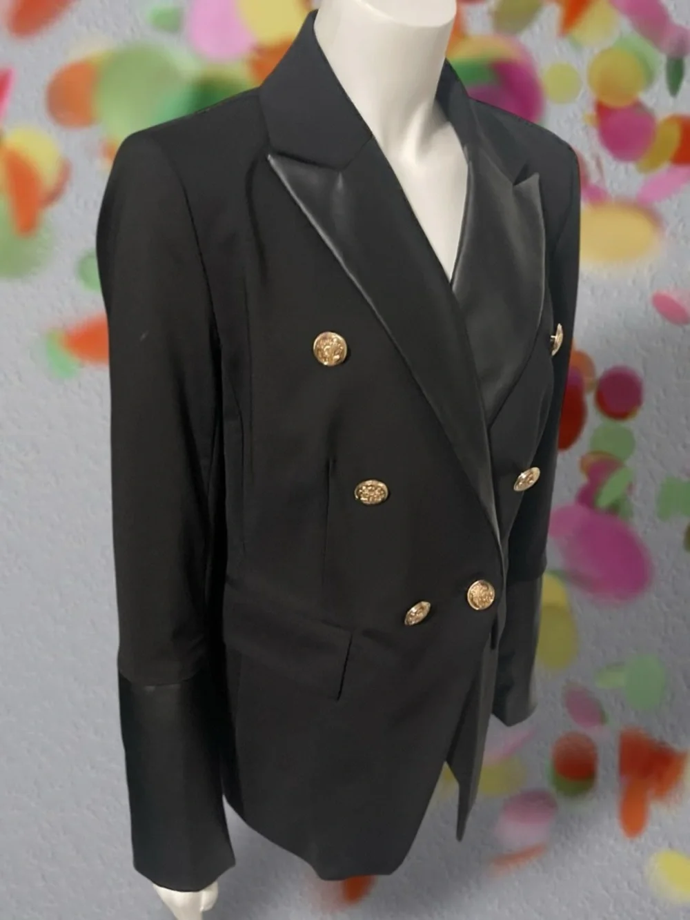 Boston Proper Black Leather Detailed Modern Double-Breasted Blazer Size 10